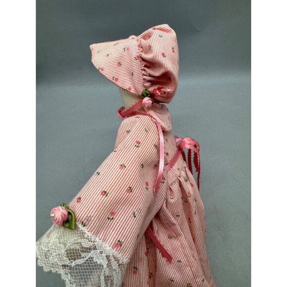 Handcrafted Vintage Rag Doll Pink Floral Dress & Bonnet Lace Trim & Ribbon READ - Picture 15 of 16